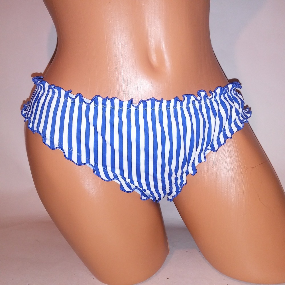 Shade And Shore Swim Bikini Bottom Medium Royal Blue White Stripe Ruffle Cheeky
